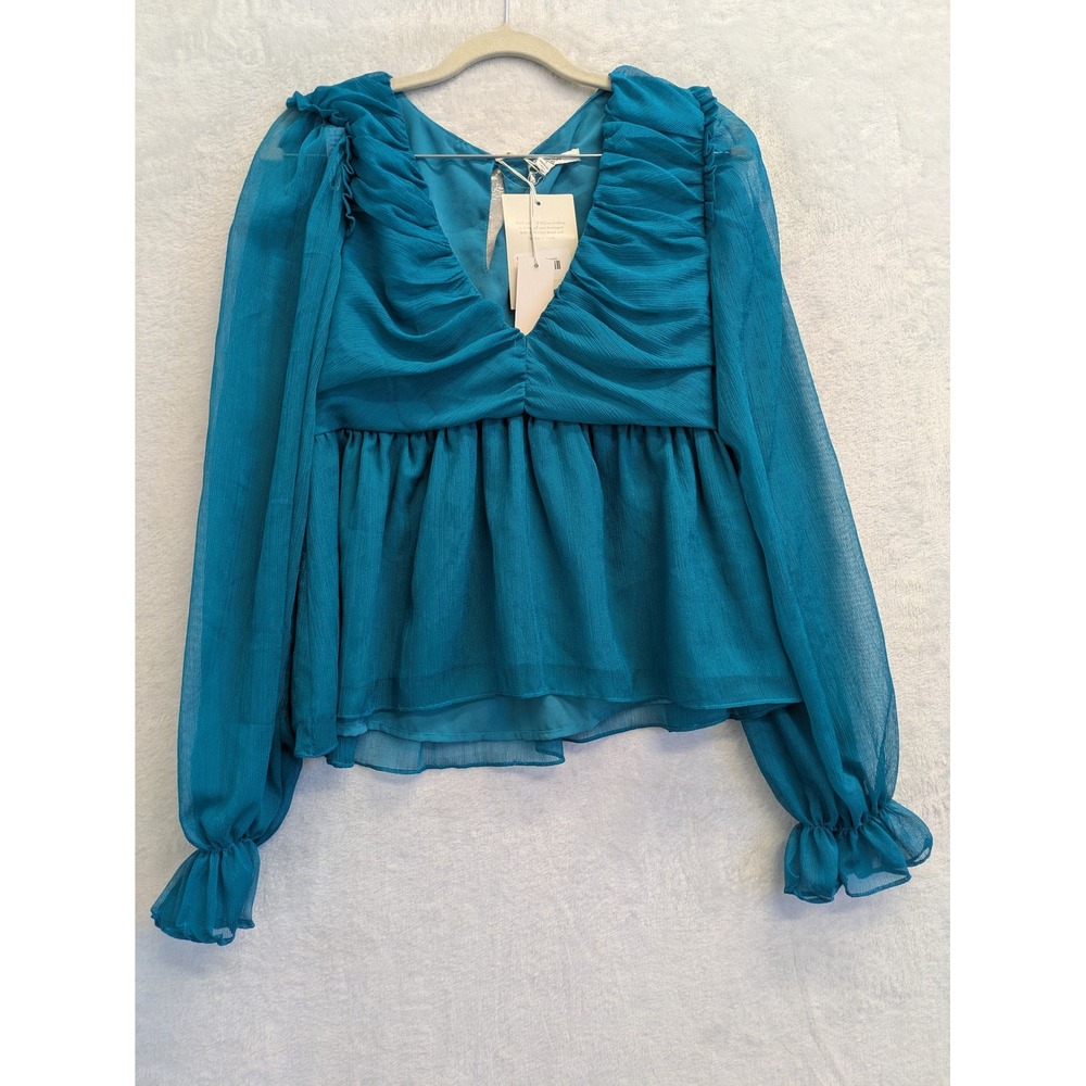 Zoe and Claire Womens Emerald Blouse Top Ruffle Long Sleeve Size S